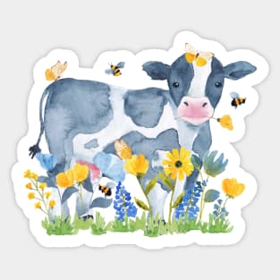 Watercolor Cow in Spring Flowers, Bees, & Beautiful Butterflies Sticker